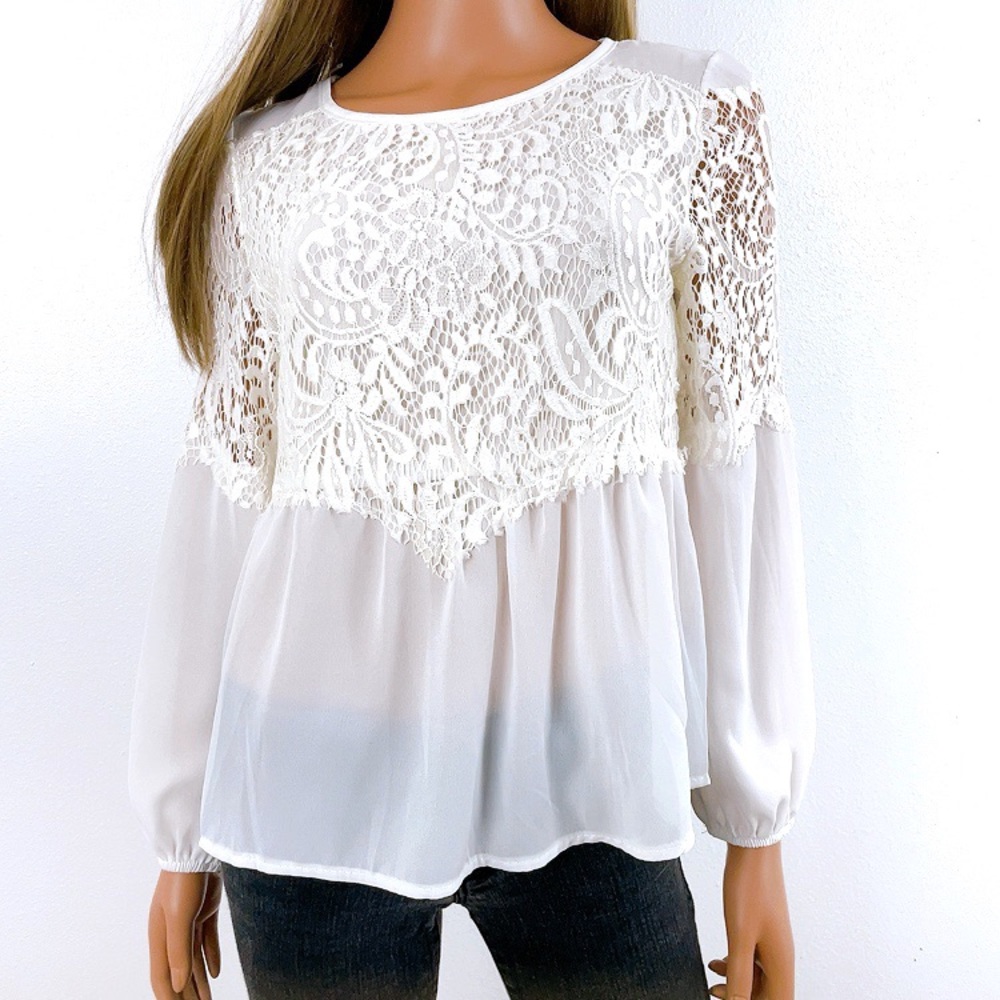 💢 White Lace Overlay Semi-Sheer Long Sleeve Top